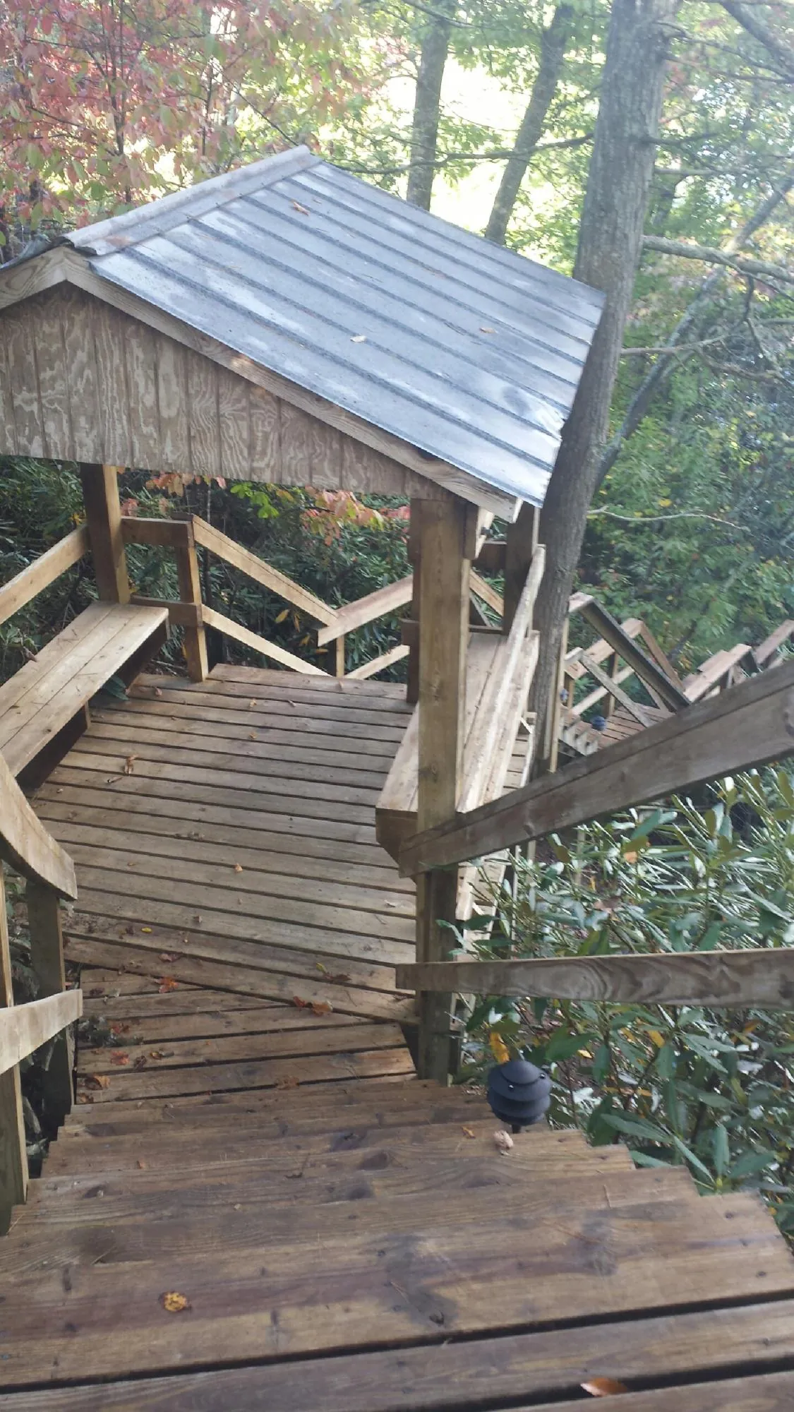Metal roofed shelter over wooden steps on a wooded walkway — Skylight Repair & Installation work by our crew in Camillus